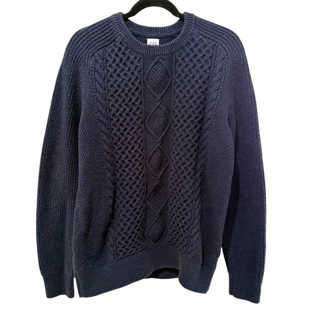 Gap Navy Blue Wool Fisherman Cable Knit Crewneck Sweater Large Preppy Academia